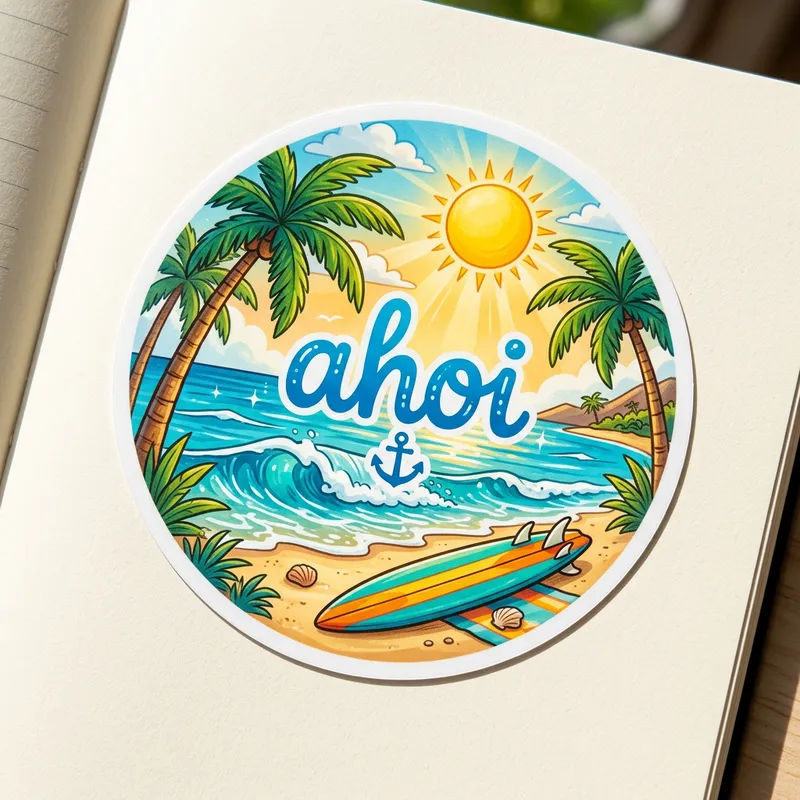 Round Beach Sticker with Ahoi Design | Tropical Palms & Surfboard
