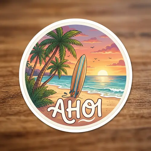 Serene Beach Scene Sticker | Ahoi Word, Palm Trees & Surfboard