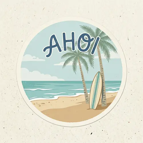 Simplistic Beach Sticker with Palms and Surfboard - Ahoi