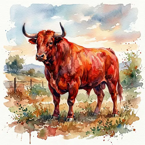 Fiery Red Bull Watercolor Painting | Toro Bravo Portrait