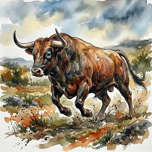 Watercolor Painting of Fierce Bull with Contour Lines