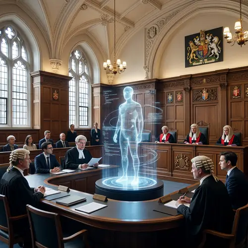 Dramatic Court of Law Scene with AI Hologram | Legal Professionals Discussion