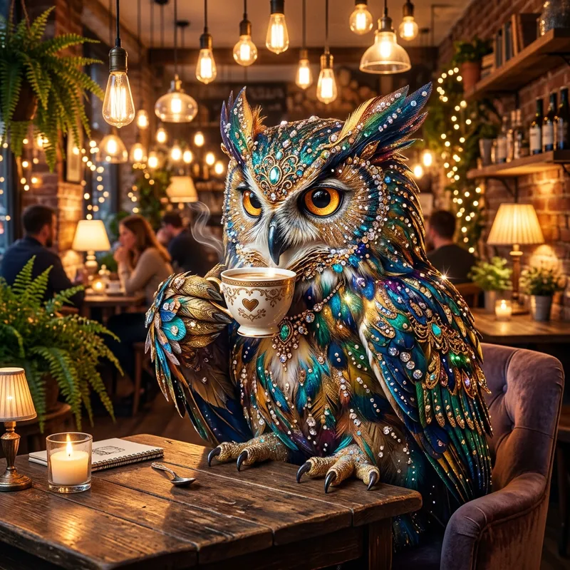 Enchanting Owl Enjoying Coffee - Sparkling Café Ambiance Enchanting Owl Enjoying Coffee - Sparkling Café Ambiance