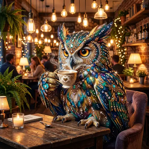 Fantastical Owl Sipping Coffee - Intricate Café Scene