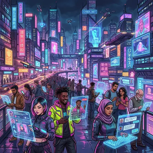 Futuristic Cyberpunk Cityscape with Diverse Online Community