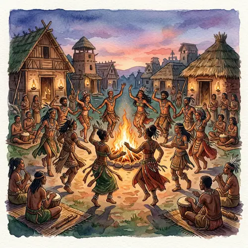 Ancient Civilization Gathering Watercolor Painting