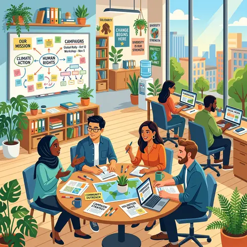 Inspirational NGO Office with Diverse Activists and Innovative Ideas