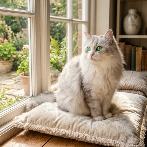 Fluffy Domestic Cat on Plush Cushion