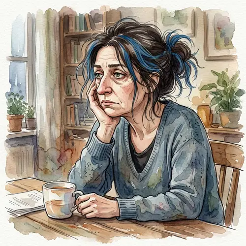 Watercolor Style Clipart of Tired Brunette Woman with Blue Streaks