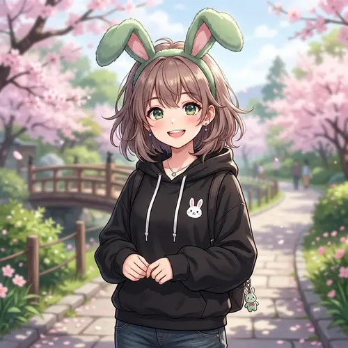 Anime Girl in Black Sweatshirt with Green Rabbit Ears
