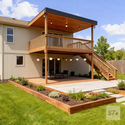Modern Deck Expansion with Patio and Lighting