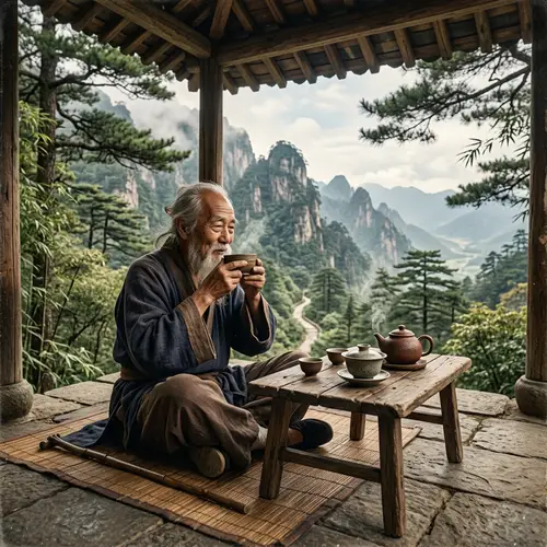Ancient Image of an Old Man Enjoying Tea