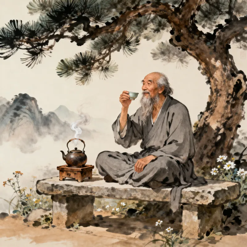 Ancient Image of an Old Man Enjoying Tea