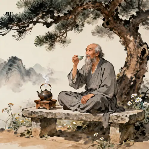Ancient Image of an Old Man Enjoying Tea