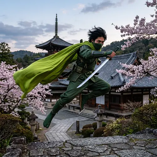 Dynamic Ninja in Green Outfit with Shiny Sword - Japanese Theme