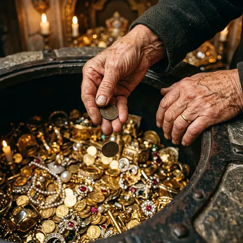 Elderly Woman's Hands Dropping Coins in Grand Treasury
