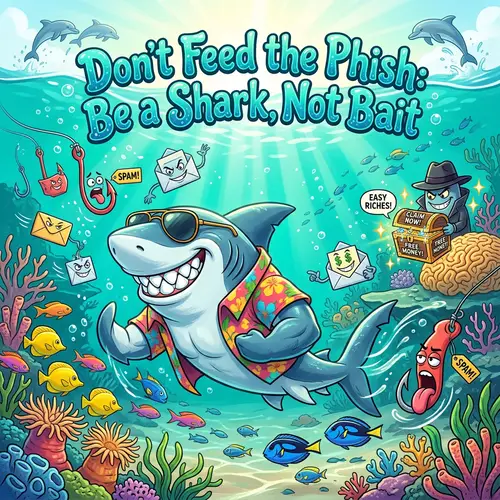 Underwater Cartoon Scene: Shark Avoids Phishing Hooks