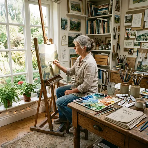 Tranquil Setting of Artistic Creativity | Art Supplies on Antique Table