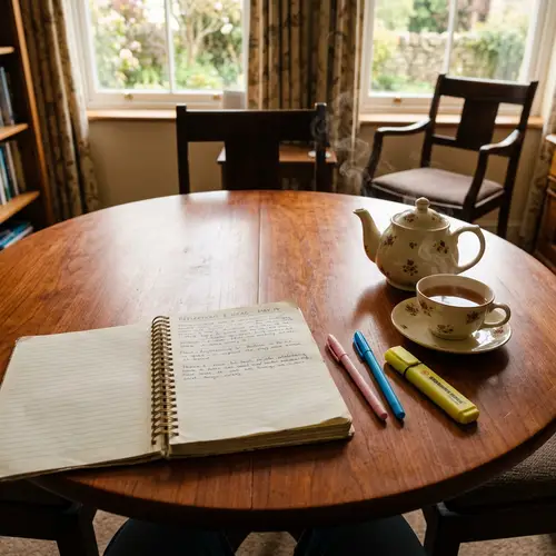 Cherry Wood Table Setting with Journal and Tea | Tranquil Scene