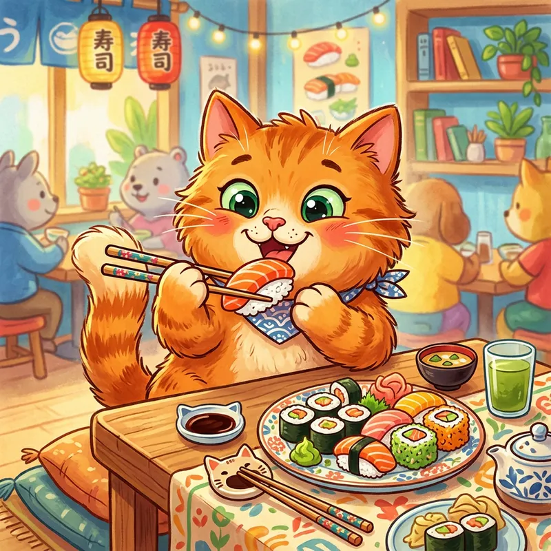 Whimsical Cartoon Cat Enjoying Sushi with Playful Charm