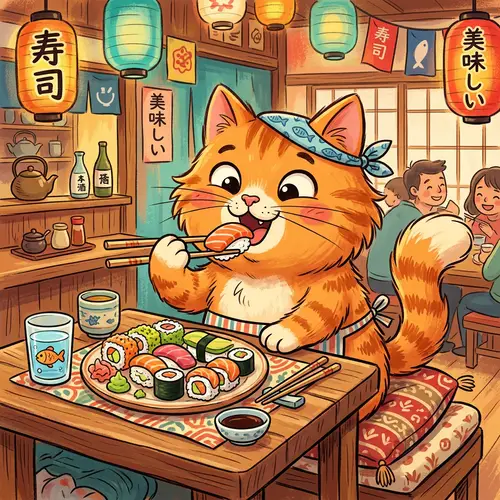 Adorable Orange Cartoon Feline Enjoying Sushi - Children's Book Style Illustration