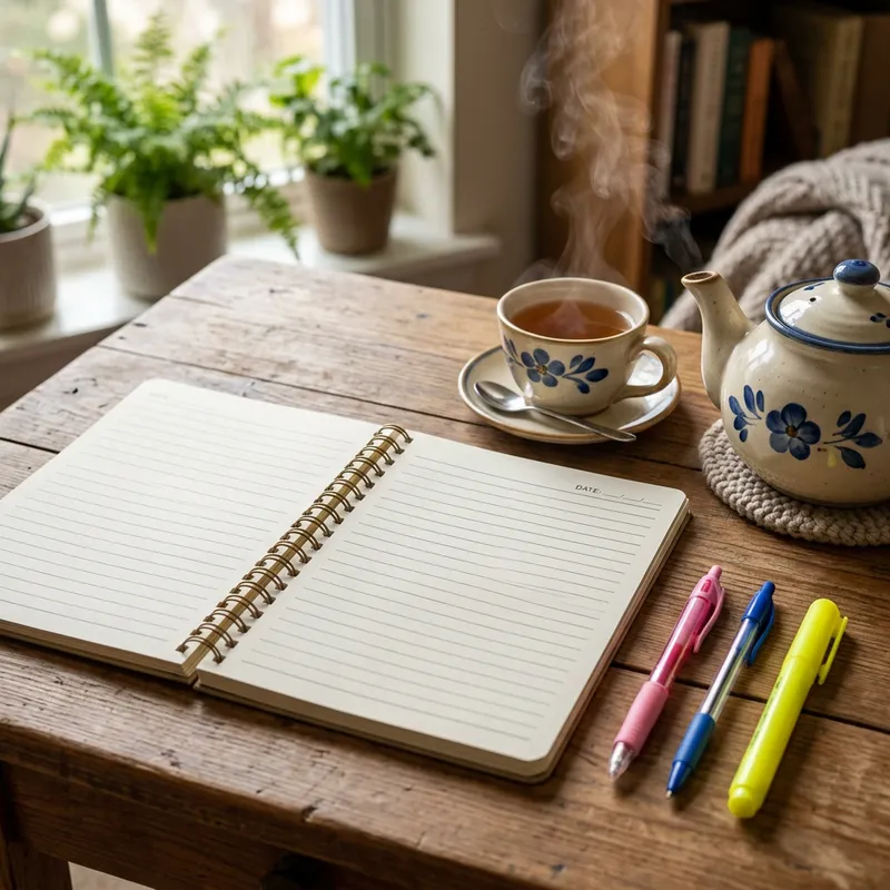 Spiral Journal with Writing Pens, Tea Set, and Steamy Tea Cup