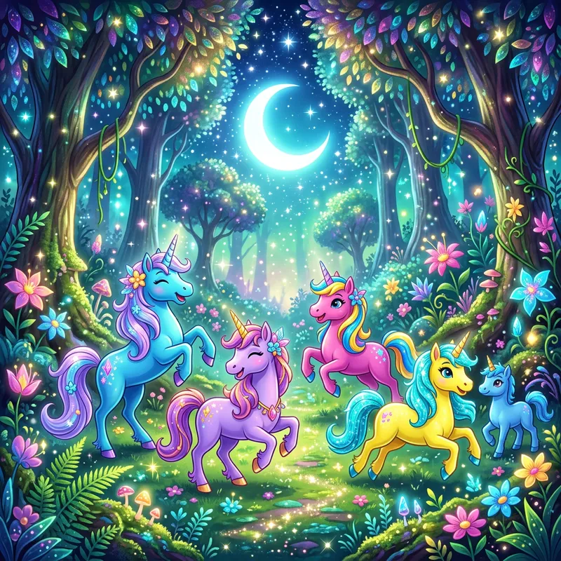 Colorful Cartoon Unicorns in Ethereal Forest
