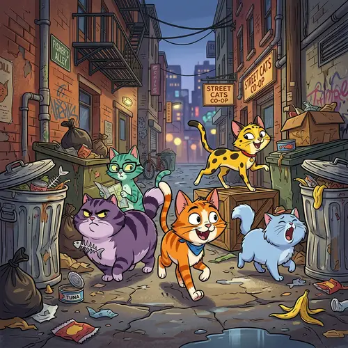 Colorful Cartoon Cats Strolling Urban Streets | Adorable Characters