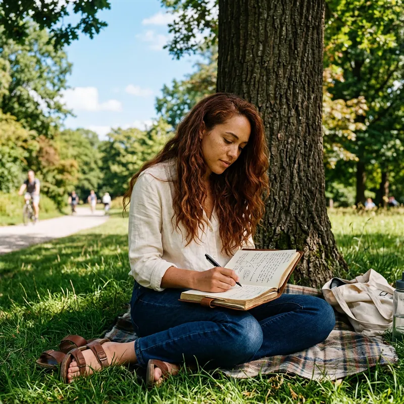 Tranquil Woman with Auburn Hair Journaling in Park