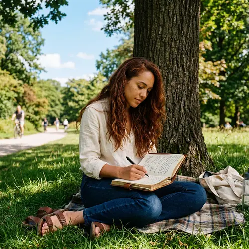 Serene Park Scene with Woman Writing in Journal