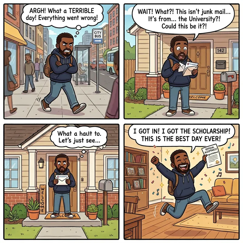 Black Man's Emotional Transformation: Walking, Opening Mail, Joyful Jump