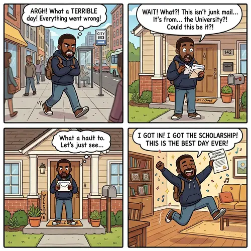 Comic: Man's Emotional Journey - Walking, Opening Mail, Jumping for Joy