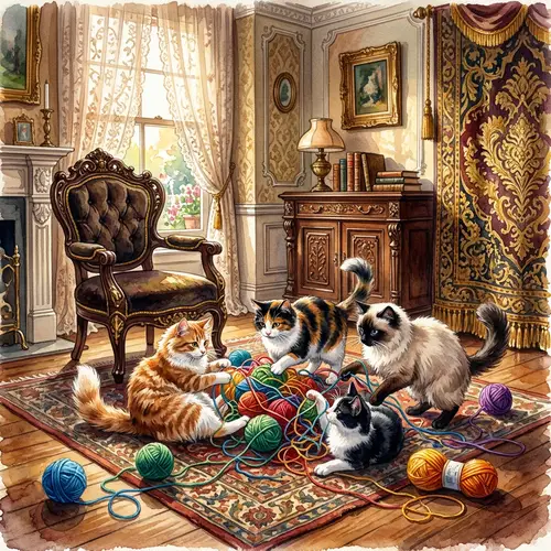 Luxurious Victorian-Era Parlor with Playful Cats and Yarn Balls