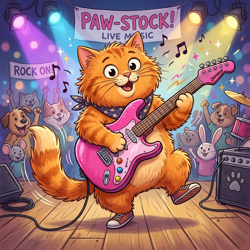 Orange Cartoon Cat Playing Pink Electric Guitar - Fun Cat Guitarist!