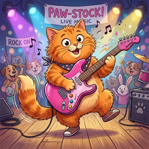 Orange Cartoon Cat Playing Pink Electric Guitar