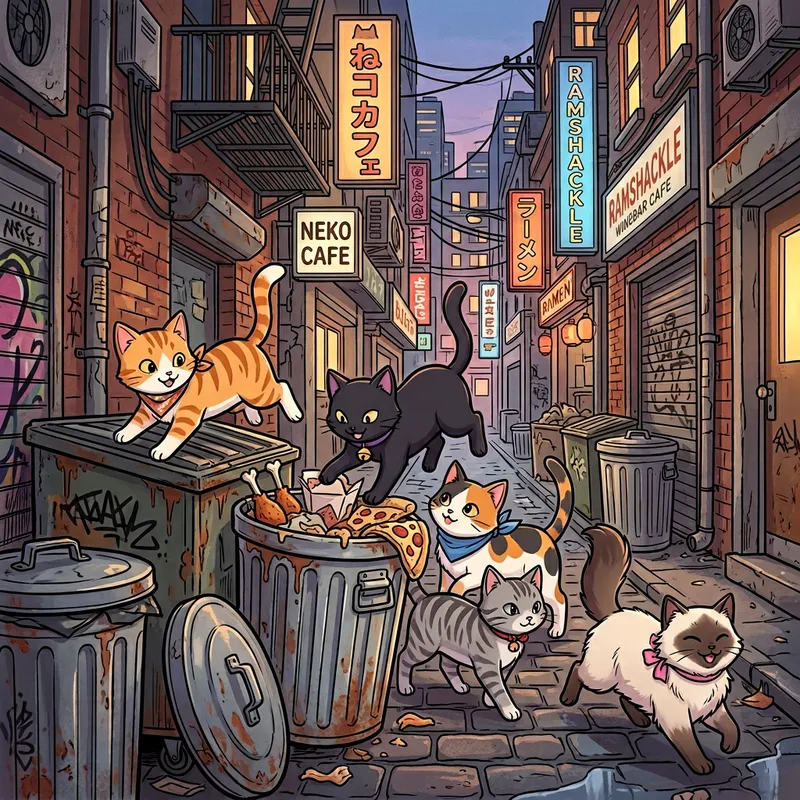 Colorful Anime Cats Roaming City Streets in Mischievous Adventure