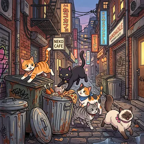 Anime Inspired Cartoon Felines Exploring Urban Lanes