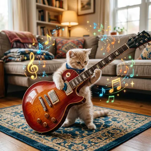 Tiny Cat Playing Electric Guitar - Whimsical Musical Scene