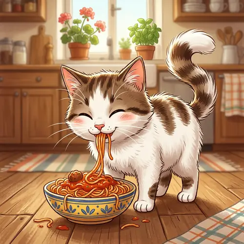 White and Brown Cartoon Cat Eating Spaghetti - Adorable Image