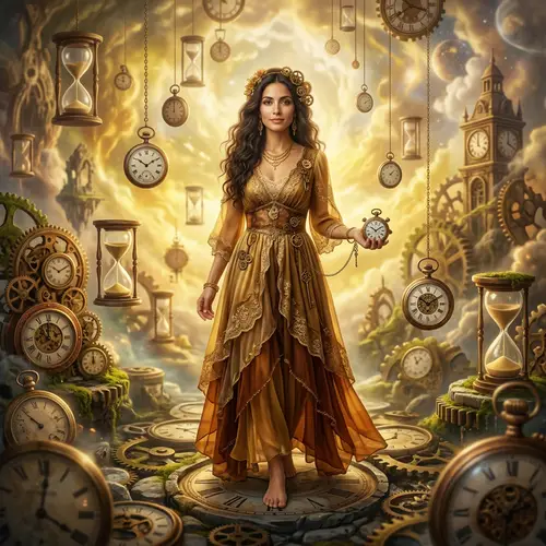Surreal Dreamscape: Hispanic Woman Amidst Timepieces