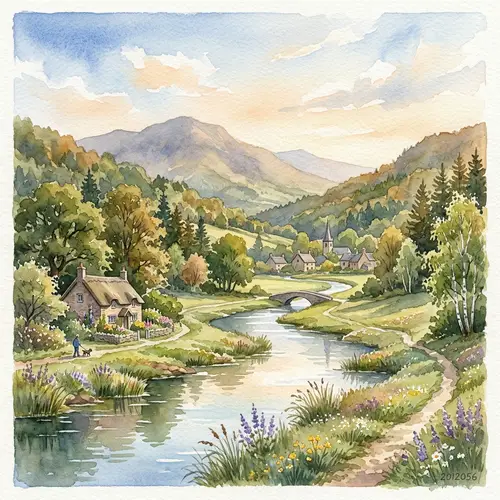 Peaceful River Valley Watercolor Artwork