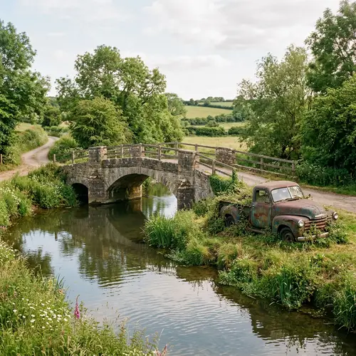 Tranquil Rural Scene with Weathered Bridge and Abandoned Vehicle