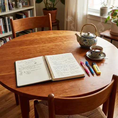 Cozy Writing Scene: Journal, Pens, Tea on Cherry Table