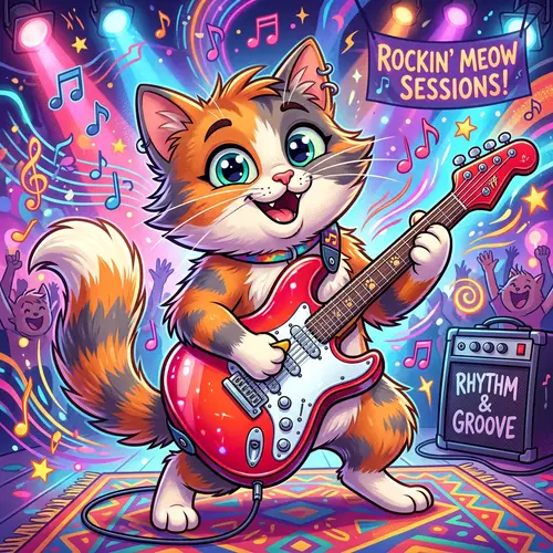 Colorful Cartoon Cat Playing Electric Guitar