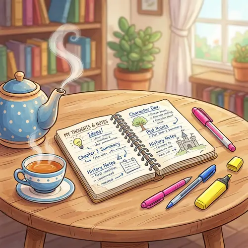Cartoon Scene with Journal and Writing Tools on Round Table