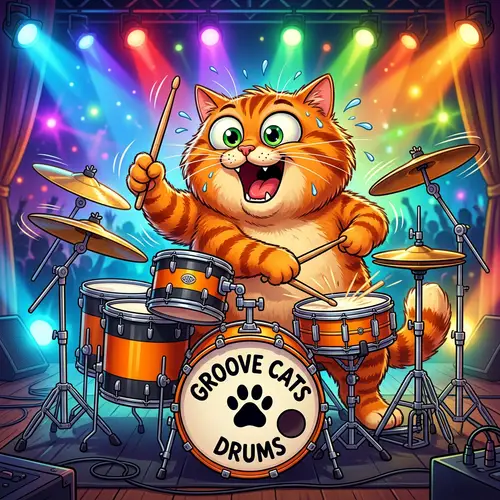 Vibrant Orange Cartoon Cat Playing Drums | Animated Drumming Feline