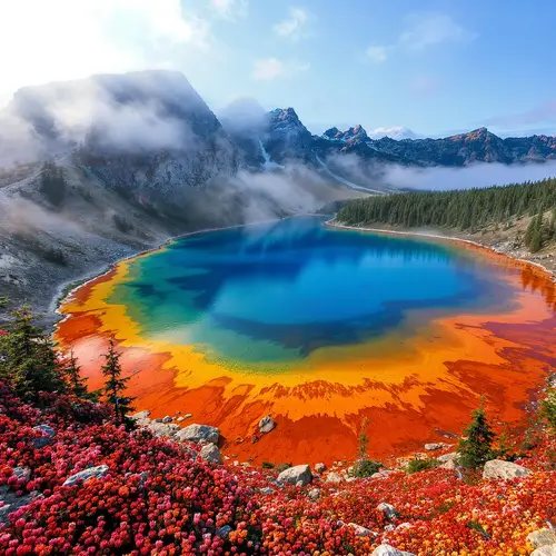 Vibrant Mountain Lake and Wildflowers at Dawn