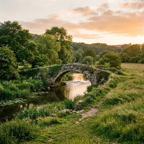 Tranquil Stone Bridge in Lush Greenery | Rural Landscape Serenity