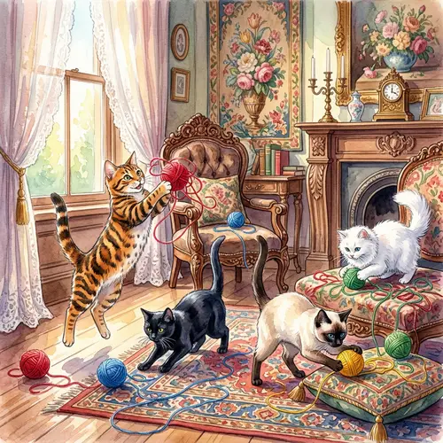 Vibrant Watercolor Painting of Playful Cats in Victorian Parlor