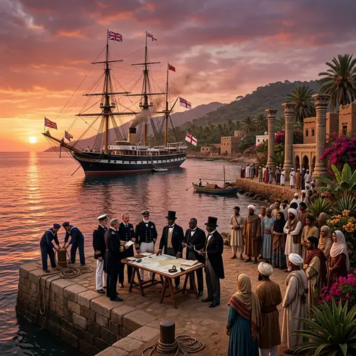 Victorian Era Imperialism Scene with Ship, Flags & Local Observers
